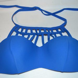 TiniBikini bright blue bikini TOP ONLY cage top accent  Size Large  EUC